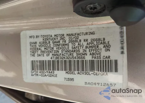 2002 Toyota Camry Xle from USA, damaged, VIN 4T1BE32K32U543666